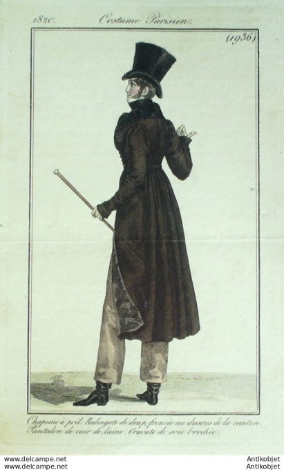 Gravure de mode Costume Parisien 1820 n°1936 Redingote velours homme