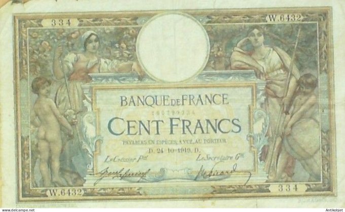 Billet Banque de France 100 francs Luc Olivier Merson D.24=10=1919 TTB
