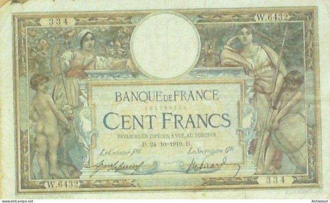Billet Banque de France 100 francs Luc Olivier Merson D24=10=1919 TTB