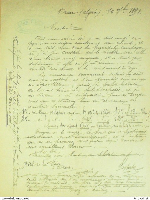 Facture Léon Ruty (Vins) 1891 Oran Algérie