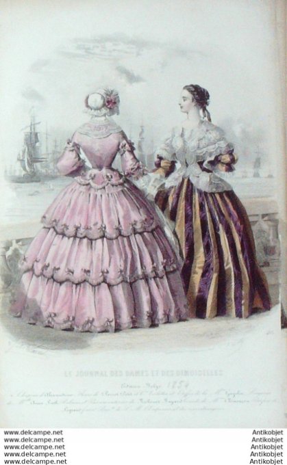 Gravure de mode Journal des Dames Demoiselles 1855 n°403 (Maison Gagelin)