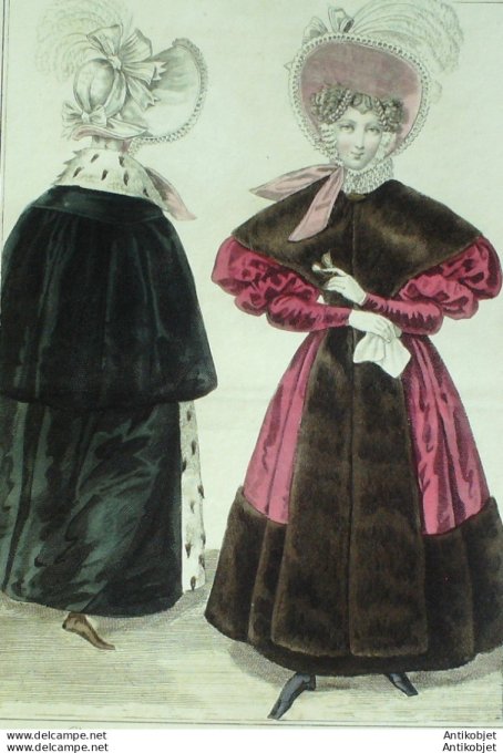 Gravure de mode Costume Parisien 1831 n°2857 Redingote de satin chapeau