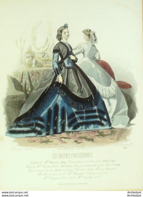 Gravure Les Modes Parisiennes 1863 #1134 Robes satinées Maison Ghys