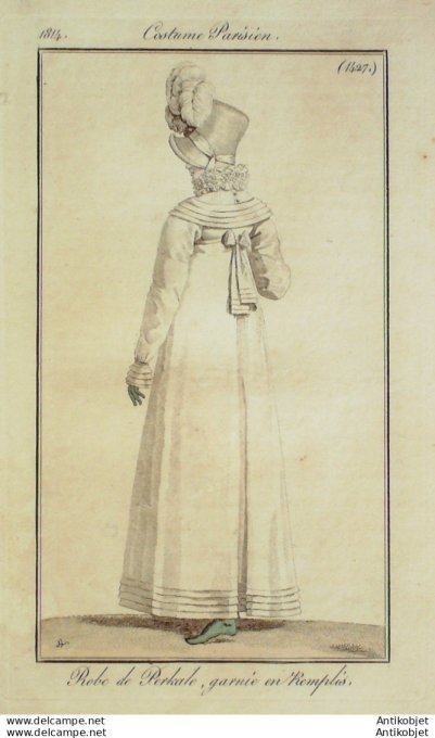 Gravure de mode Costume Parisien 1814 n°1427 Robe perkale garnie