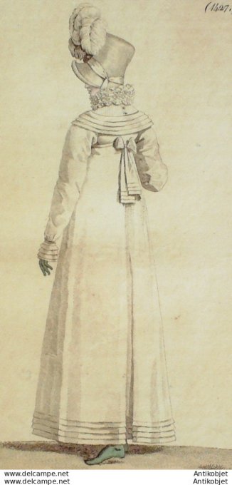 Gravure de mode Costume Parisien 1814 n°1427 Robe perkale garnie