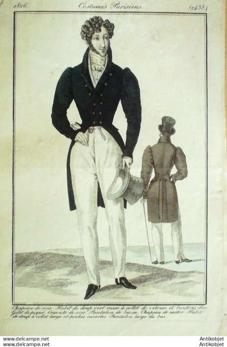 Gravure de mode Costume Parisien 1826 n°2438 Habits de drap gilet piqué