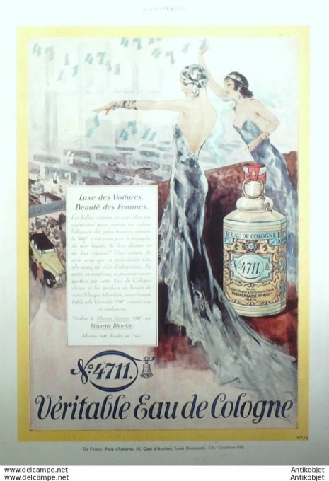 Publicite Cosmetique Eau de Cologne Luxe des voitures Beaute des femmes 1928