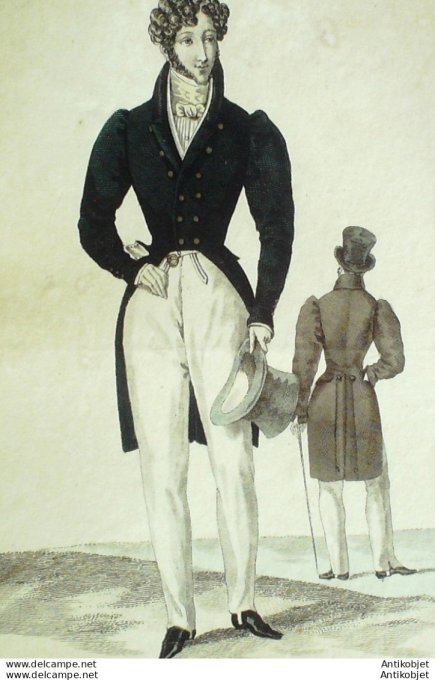 Gravure de mode Costume Parisien 1826 n°2438 Habits de drap gilet piqué