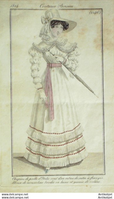 Gravure de mode Costume Parisien 1824 n°2246 Blouse mousseline laine garnie