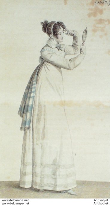 Gravure de mode Costume Parisien 1817 n°1652 Echarpe écossaise Guêtres Nankin