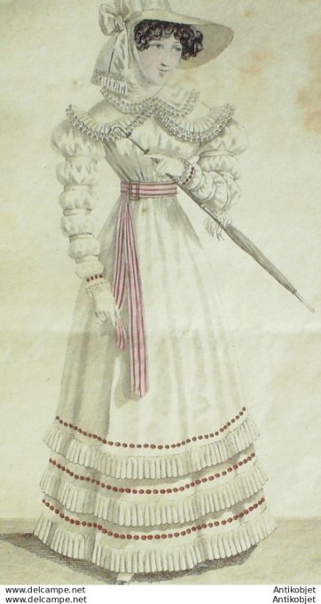 Gravure de mode Costume Parisien 1824 n°2246 Blouse mousseline laine garnie