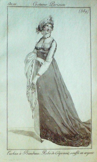 Gravure Mode Costume Parisien 1802 an 10 # 389 (eau forte old Fashion plate