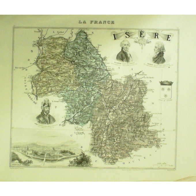Carte Isere (38) Grenoble Graveur Lecoq Waltner Barbier 1868