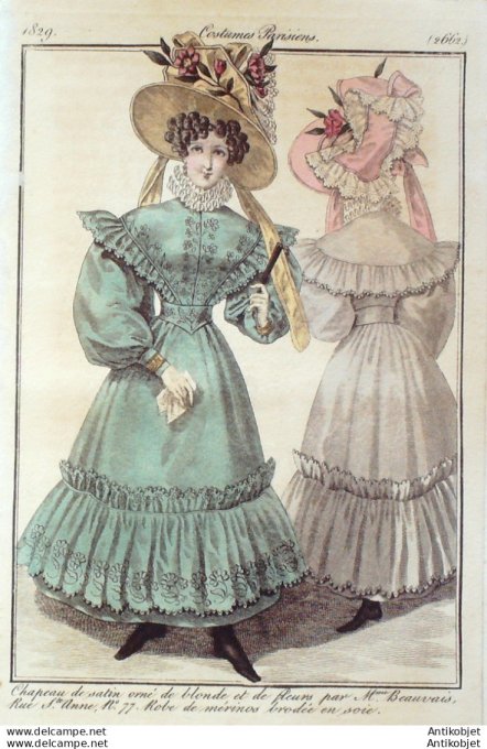 Gravure de mode Costume Parisien 1829 n°2662 Robe de mérinos brodée en soie