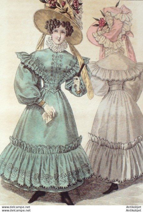 Gravure de mode Costume Parisien 1829 n°2662 Robe de mérinos brodée en soie