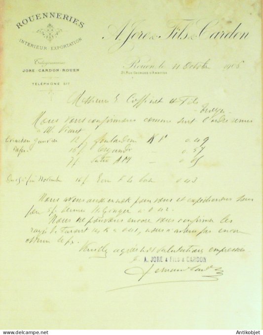 Facture A.Jore fils & Cardon (Tissage) 1906 à Rouen (76)
