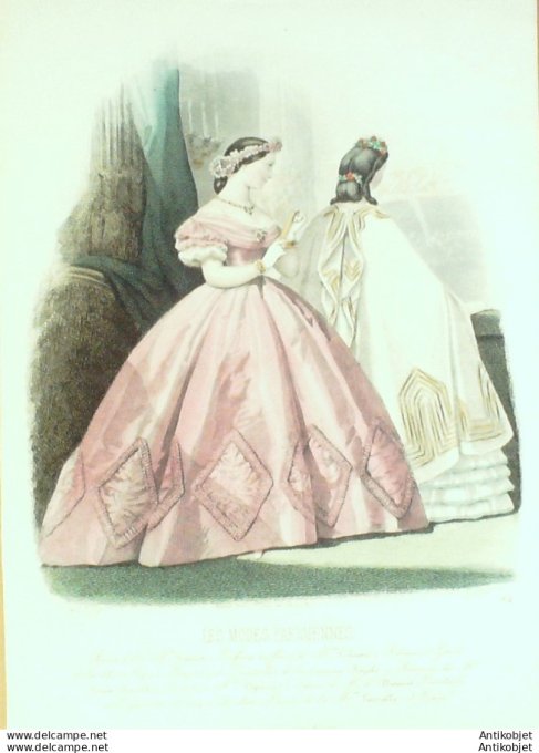 Gravure Les Modes Parisiennes 1861 # 974 Robes Satin Maison Fauvet