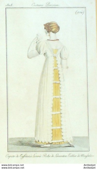 Gravure de mode Costume Parisien 1808 n° 924 Robe Levantine Tablier mousseline