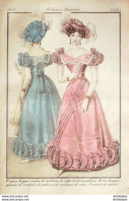 Gravure de mode Costume Parisien 1826 n°2439 Robes et toques de gaze