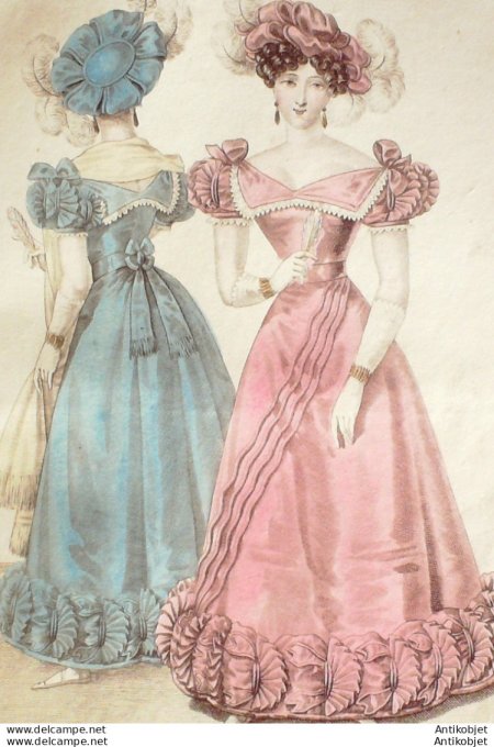 Gravure de mode Costume Parisien 1826 n°2439 Robes et toques de gaze