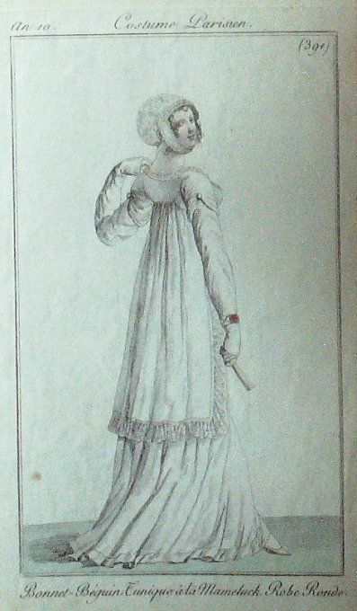 Gravure Mode Costume Parisien 1802 an 10 # 391b (eau forte old Fashion plate