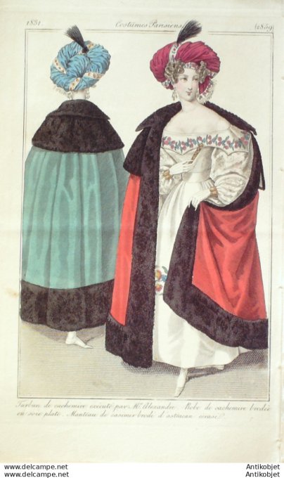 Gravure de mode Costume Parisien 1831 n°2859 Robe cachemire brodée en soie