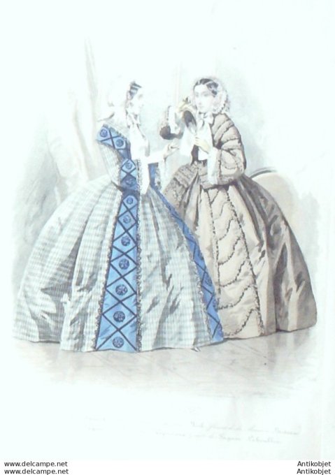 Gravure Les Modes Parisiennes 1852 # 706 Robes satin Maison Fauvet