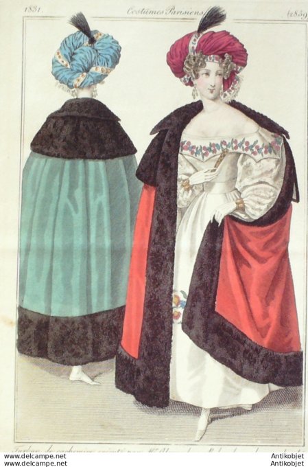Gravure de mode Costume Parisien 1831 n°2859 Robe cachemire brodée en soie