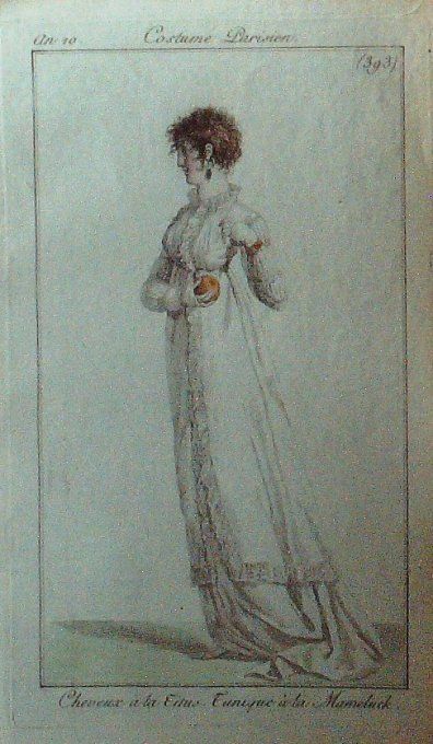 Gravure Mode Costume Parisien 1802 an 10 # 393 (eau forte old Fashion plate