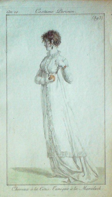 Gravure Mode Costume Parisien 1802 an 10 # 393 (eau forte old Fashion plate