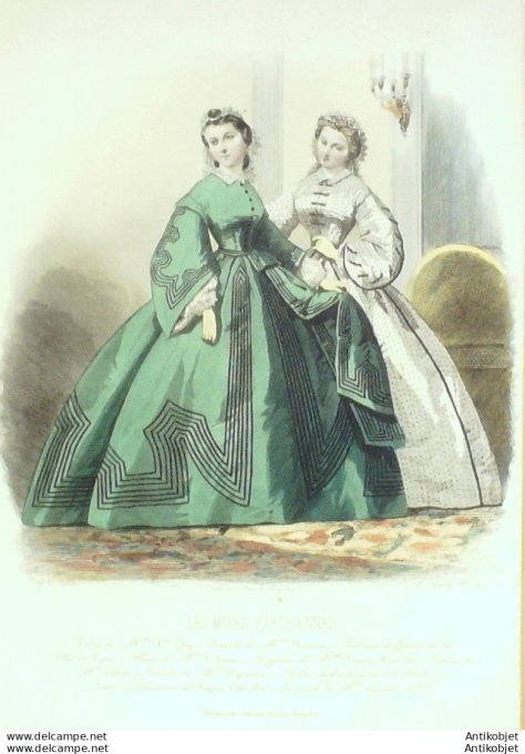 Gravure Les Modes Parisiennes 1861 # 975 Robes Satin Maison Ghys