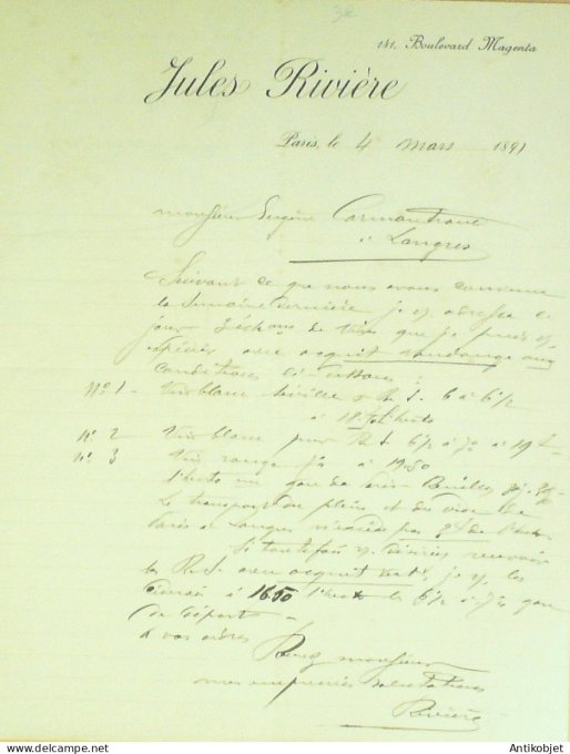 Facture Jules Rivière (Boisson) 1891 à Paris 11
