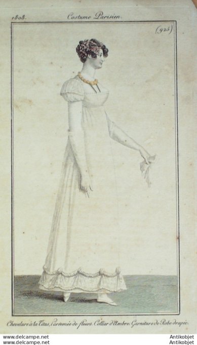Gravure de mode Costume Parisien 1808 n° 925 Garniture de robe drapée