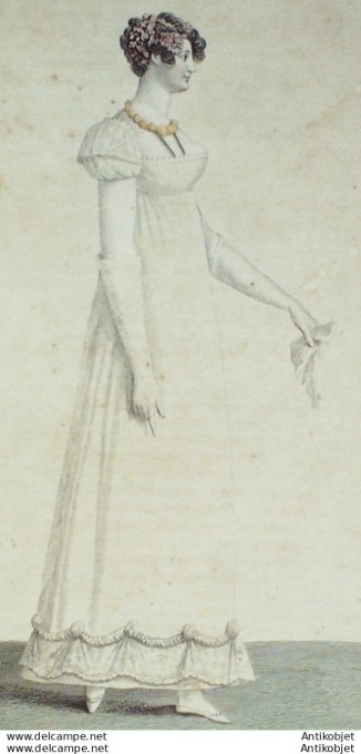 Gravure de mode Costume Parisien 1808 n° 925 Garniture de robe drapée