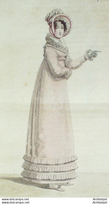 Gravure de mode Costume Parisien 1817 n°1653 Chapeau bouillonné volants