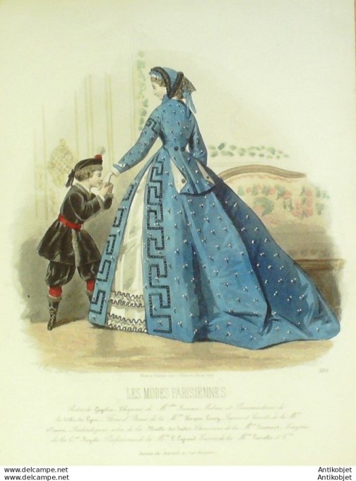 Gravure Les Modes Parisiennes 1863 #1135 Robe tissu Maison Cagelin