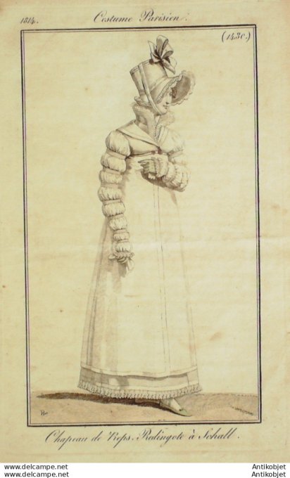 Gravure de mode Costume Parisien 1814 n°1430 Redingote à Schall