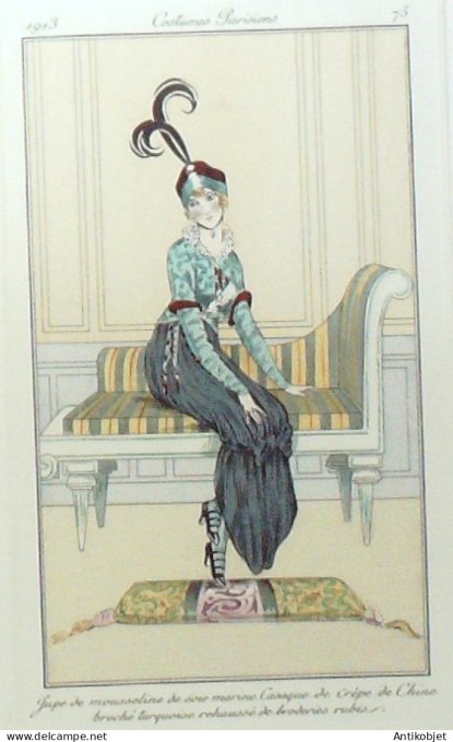 Gravure de mode Costume Parisien 1913 pl.075 ANONYME Jupe mousseline