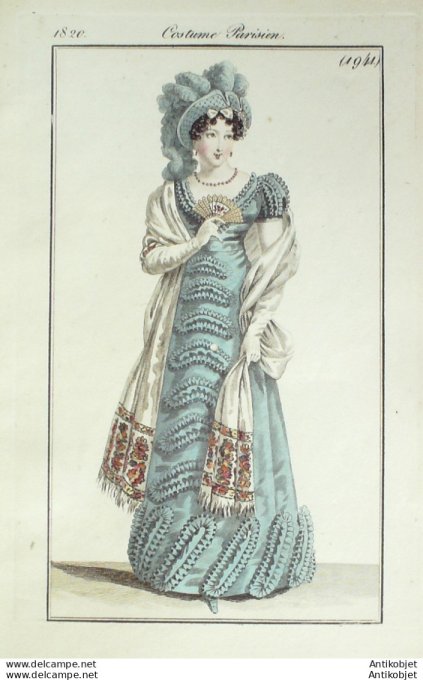 Gravure de mode Costume Parisien 1820 n°1941 Robe de laine brodée écharpe