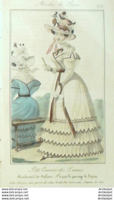 Gravure Mode Courrier des Dames 1825 #  338 (eau forte old Fashion plate)