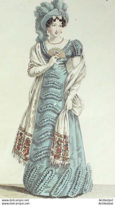 Gravure de mode Costume Parisien 1820 n°1941 Robe de laine brodée écharpe