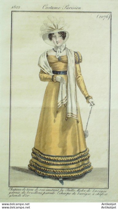 Gravure de mode Costume Parisien 1822 n°2076 Robe de barèges garnie