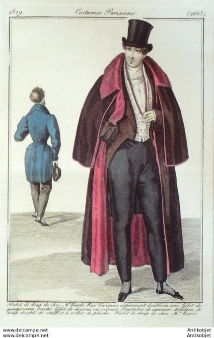 Gravure de mode Costume Parisien 1829 n°2663  Manteau drap de staff homme