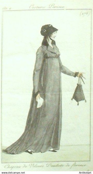 Costume Parisien 1800 an 9 # 276 (eau forte) Douillette de Florence chapeau velours