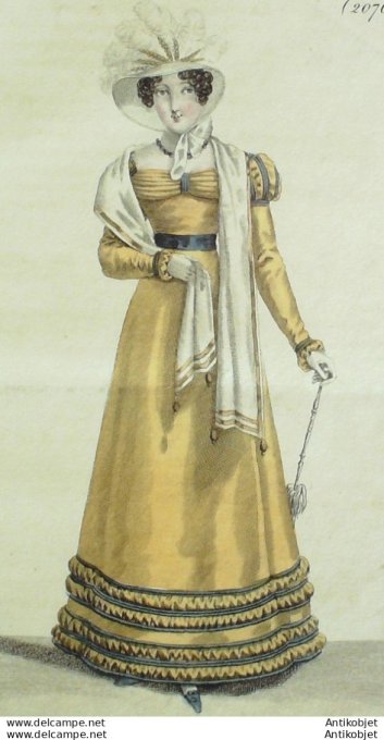 Gravure de mode Costume Parisien 1822 n°2076 Robe de barèges garnie