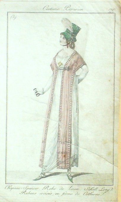 Gravure Costume Parisien 1797 an 5 #  3 (eau forte) Robe de Linon Schall