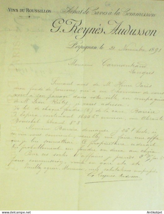 Facture G.Reynès Audusson (Vins du Roussillon) en 1891 Perpignan (66)