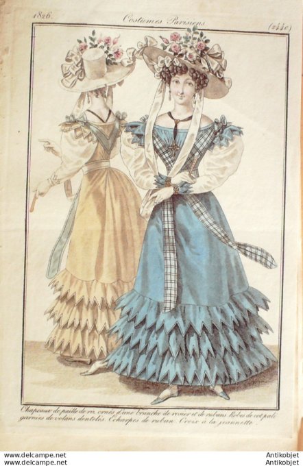 Gravure de mode Costume Parisien 1826 n°2440 Robes de cot pali garnies écharpes