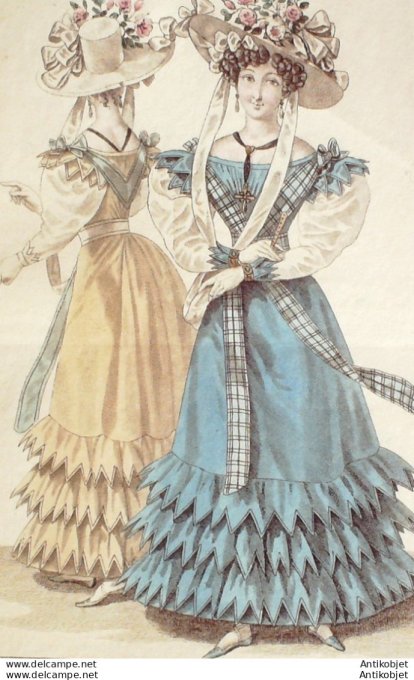 Gravure de mode Costume Parisien 1826 n°2440 Robes de cot pali garnies écharpes
