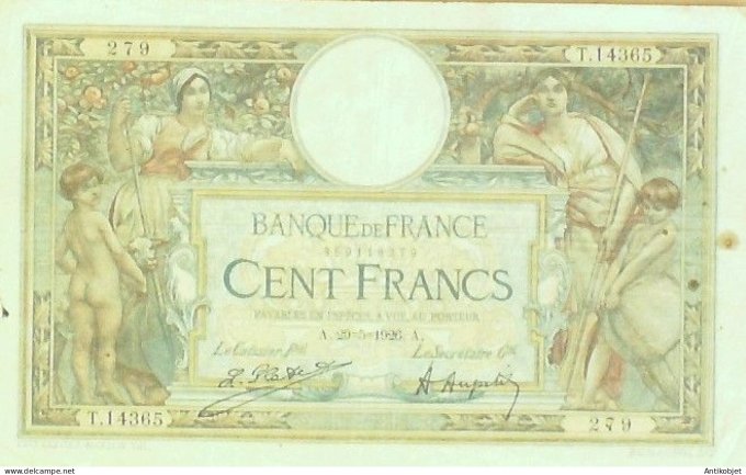 Billet Banque de France 100 francs Luc Olivier Merson Grands Cartouches A.29=5=1926 TTB